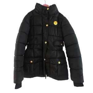 Apple Bottoms Black Puffer Jacket Gold Emblem Hooded Collar Quilted Warm Winter